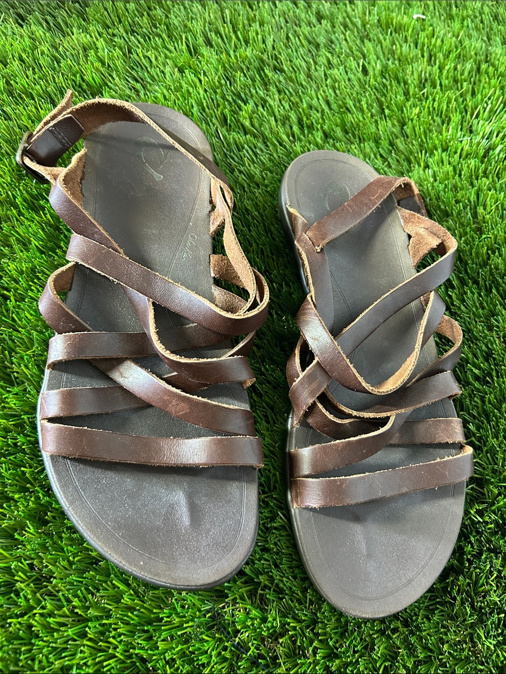 OluKai Women's Dark Brown Leather Strappy Sandals